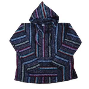 Art Maz Black and Multicolor Striped Baja Hoodie Poncho Size Medium